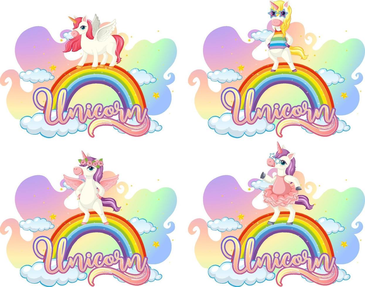 Set of different unicorn cartoon character on rainbow with unicorn font vector