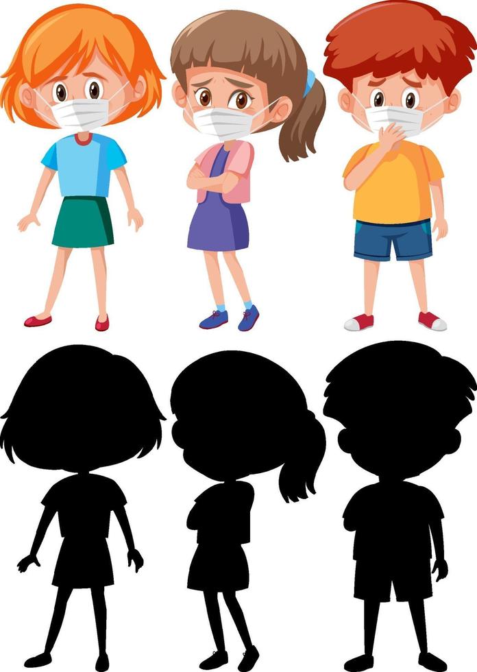 conjunto, de, diferente, niños, llevando, máscara, caricatura, carácter, con, silueta vector