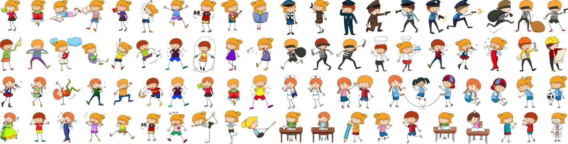 Set of different doodle kids cartoon character vector