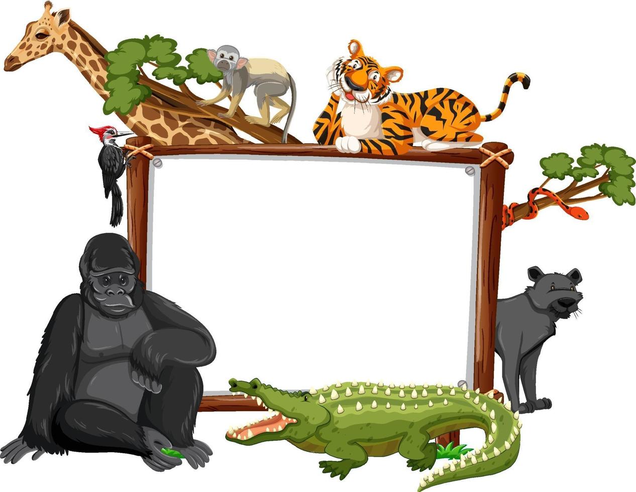 Banner vacío con animales salvajes y árboles de la selva sobre fondo blanco. vector