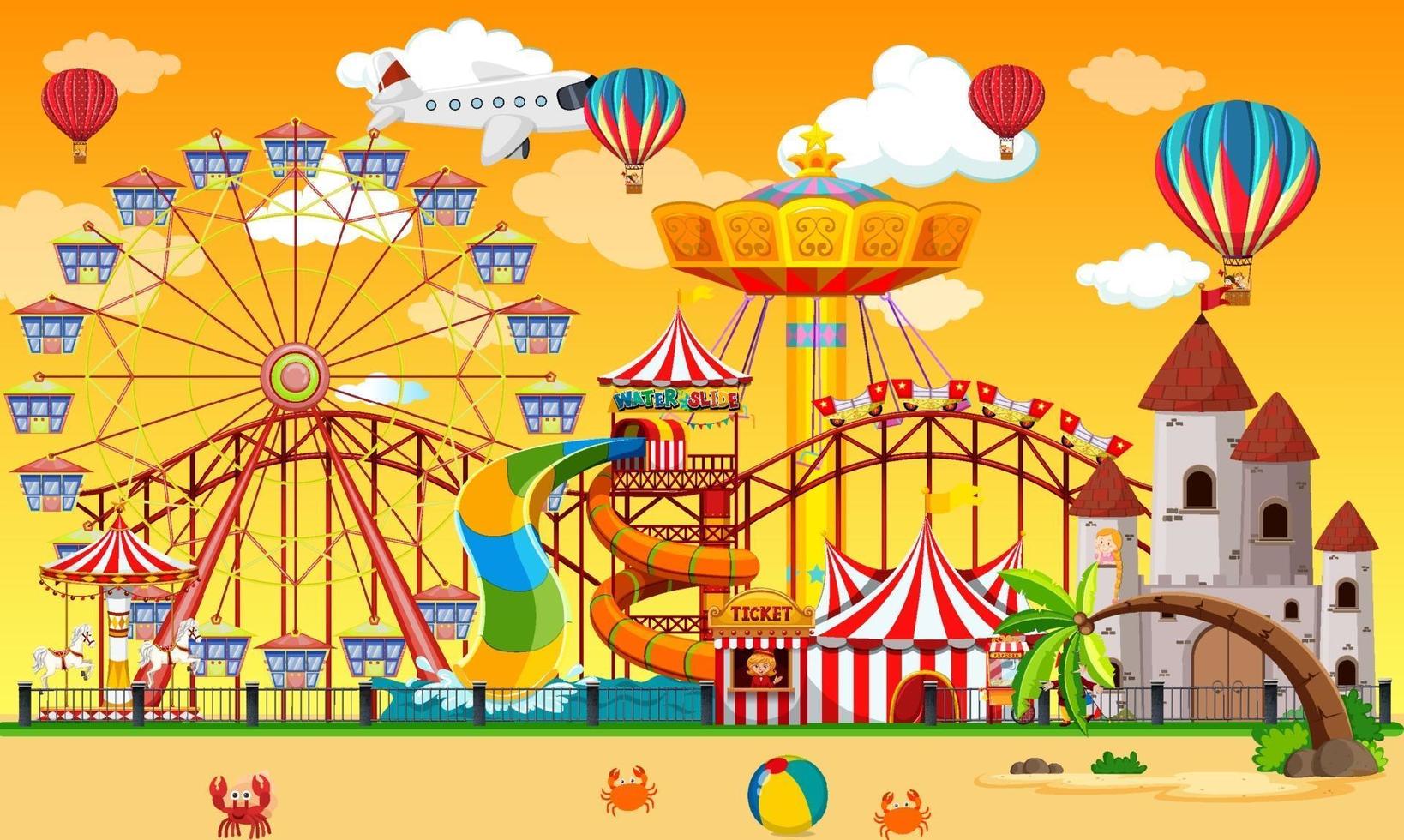 Escena del parque de atracciones durante el día con globos en el cielo. vector