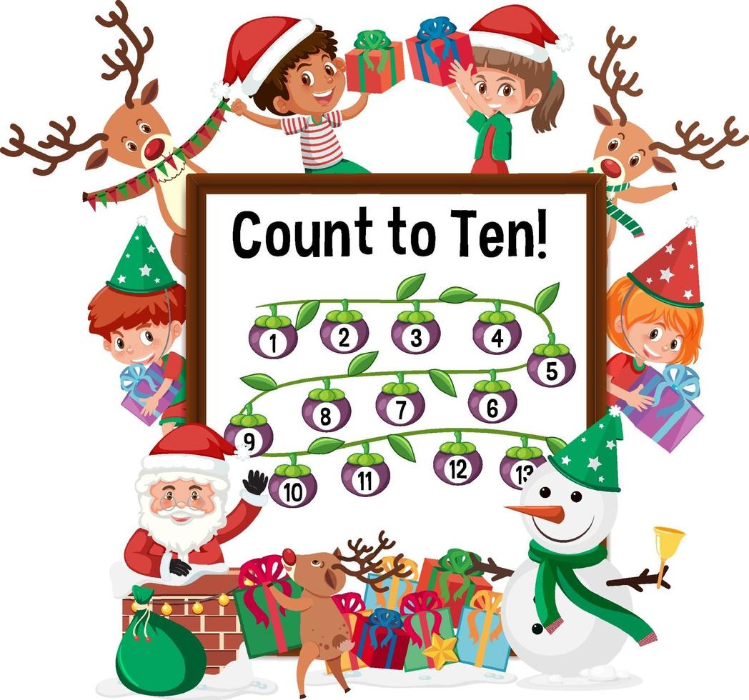 Count to ten number board with many kids cartoon character vector