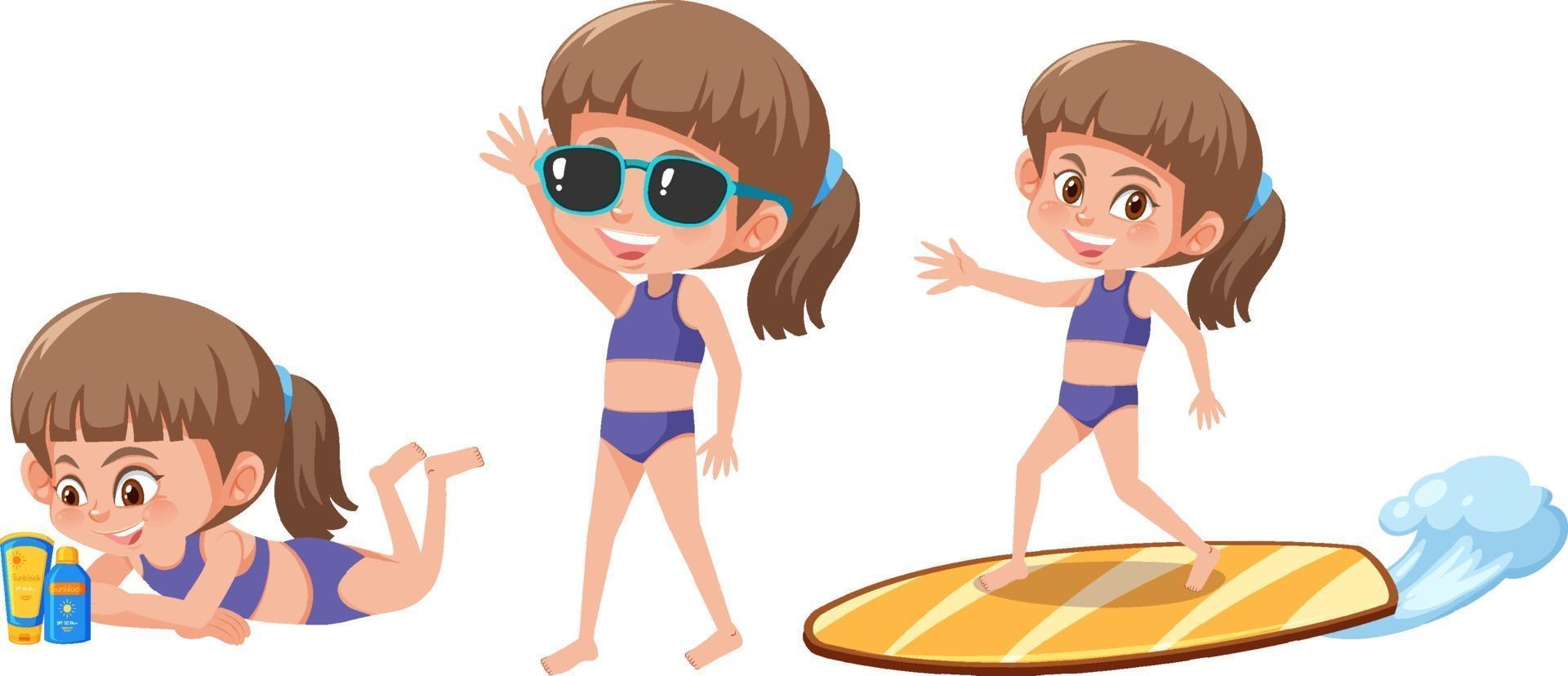 Set of a girl cartoon character with different positions in summer theme vector