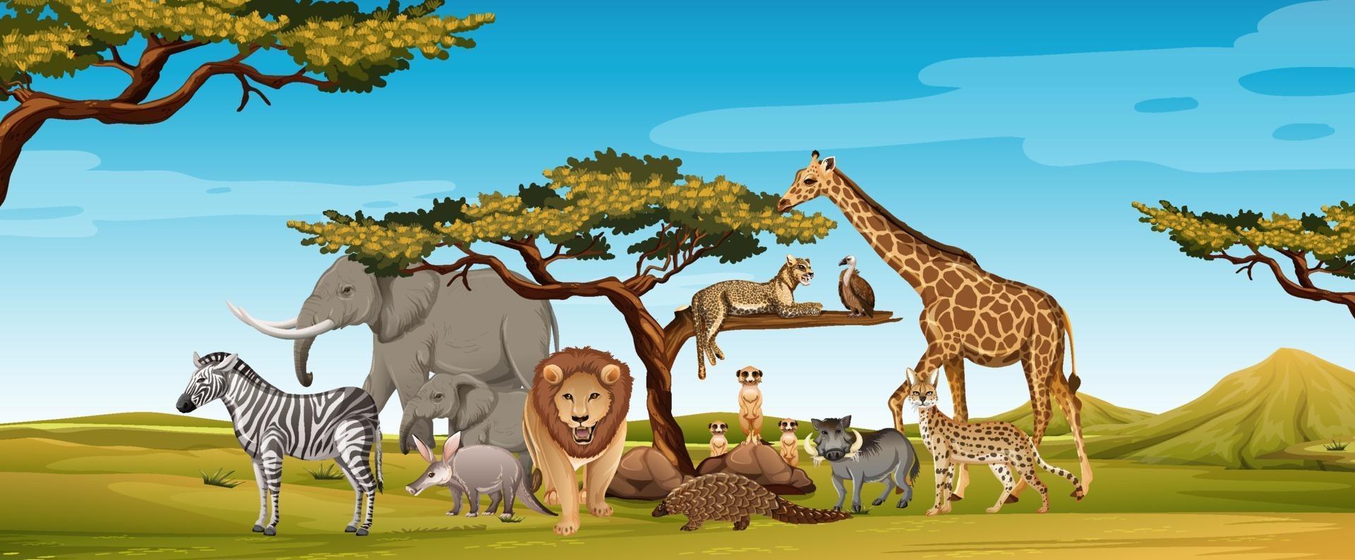 Group of wild african animal in the zoo scene vector