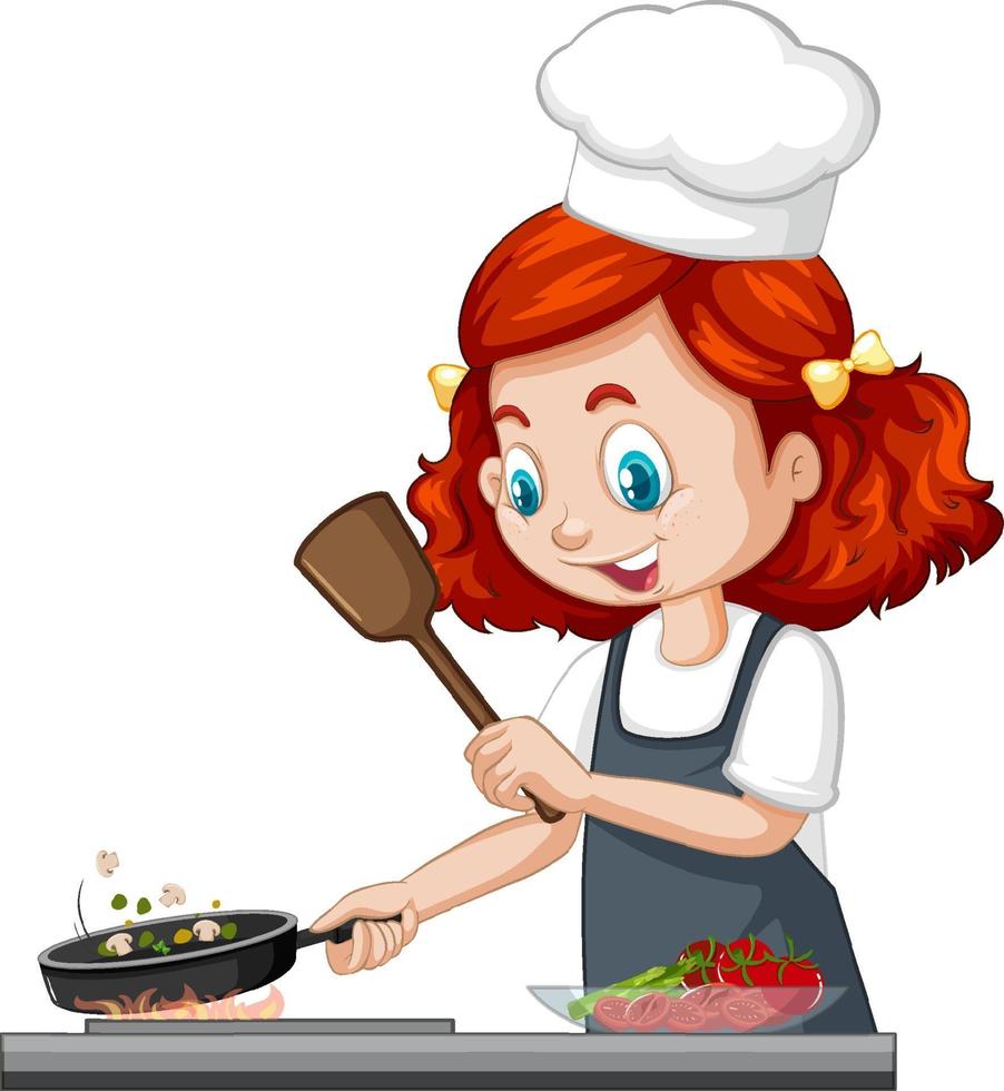personaje de niña linda con gorro de chef cocinando comida vector