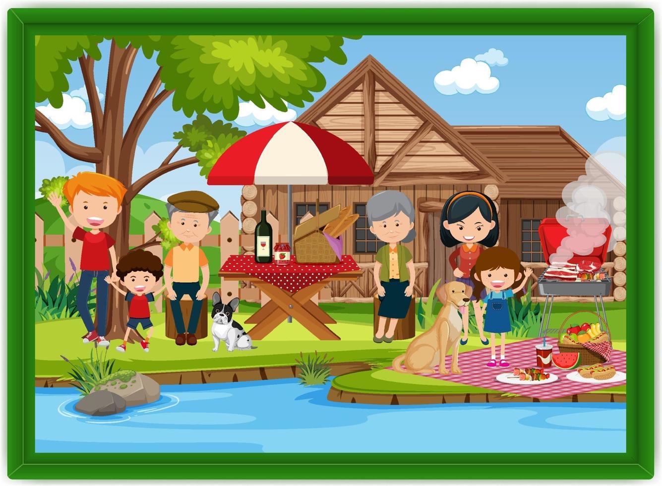 Happy family picnic outdoor scene photo in a frame vector