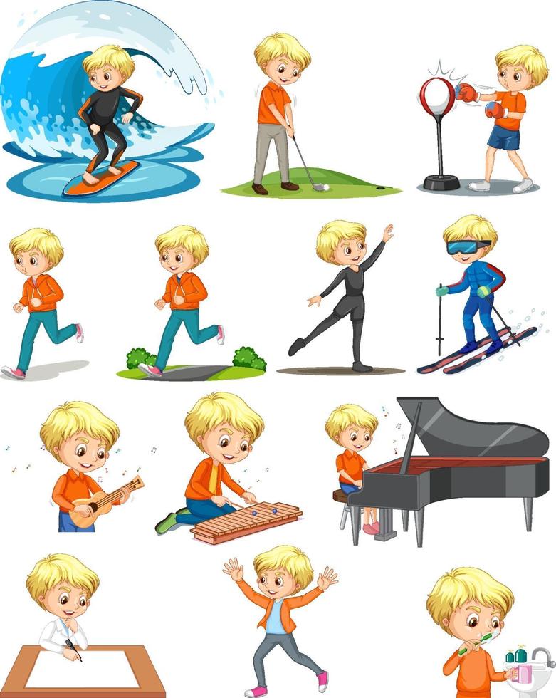 Set of a boy doing different activities vector