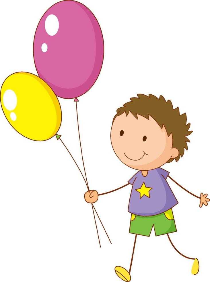 A doodle kid holding balloons cartoon character isolated vector