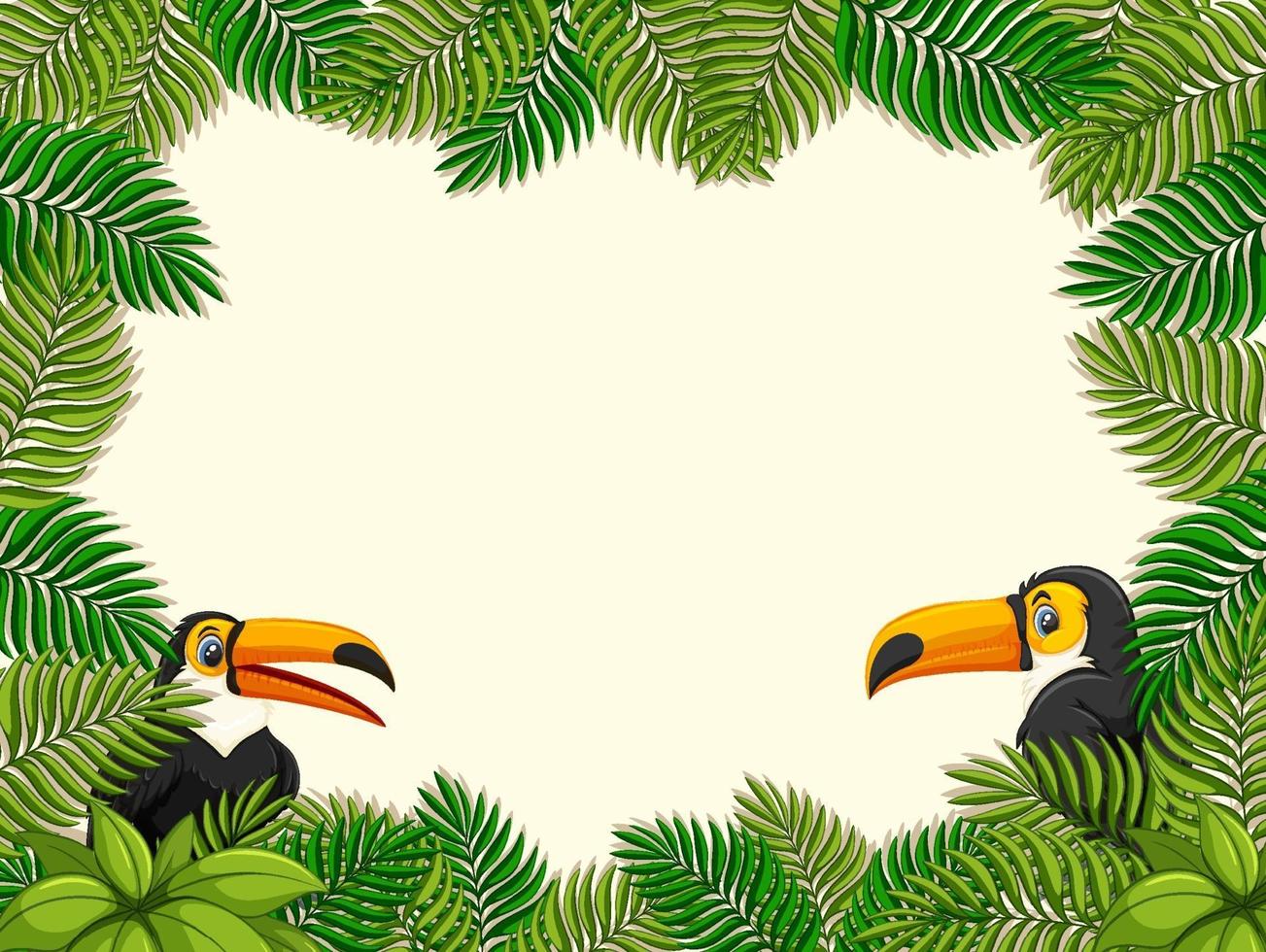 Empty banner with tropical leaves frame and toucan cartoon character vector