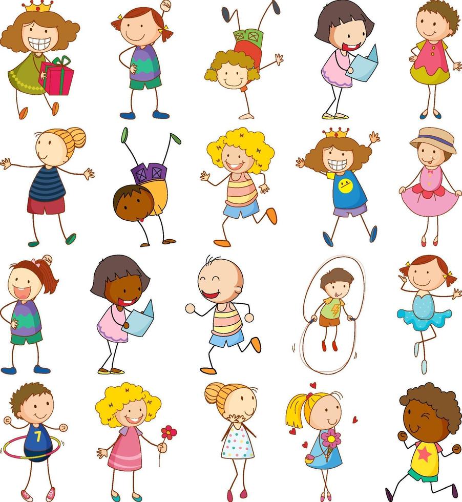 conjunto de diferentes niños en estilo doodle vector