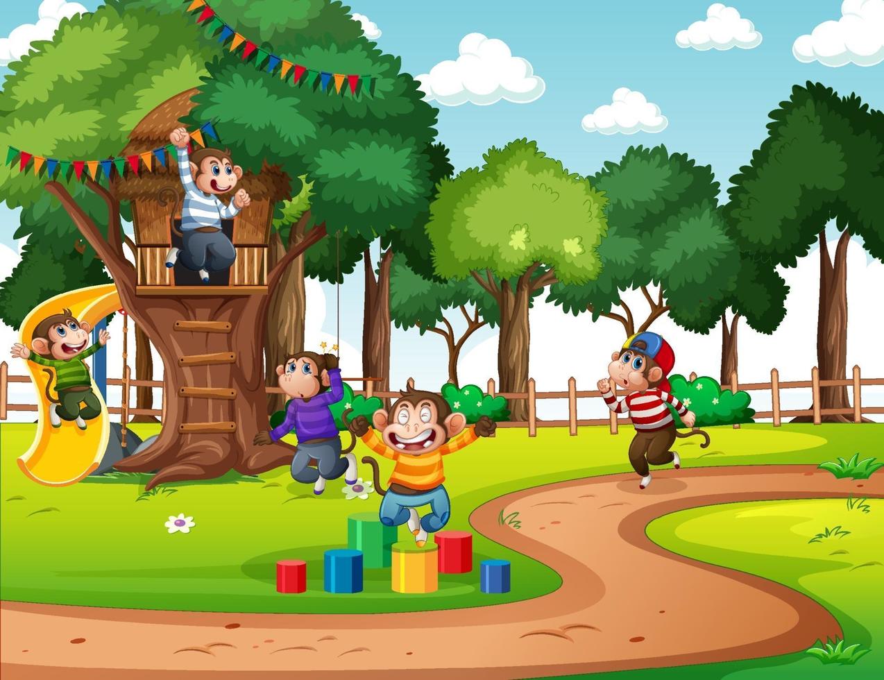 Playground scene with many little monkeys cartoon character vector