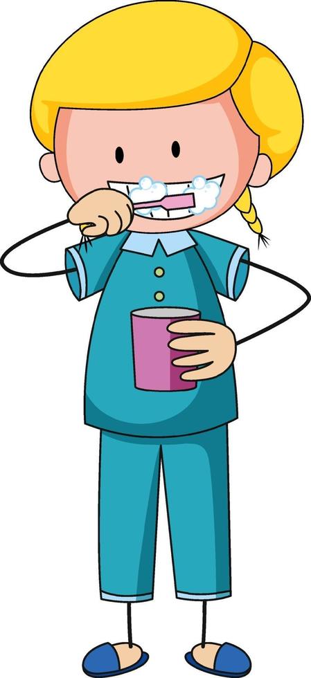 Little girl brushing teeth doodle cartoon character isolated vector