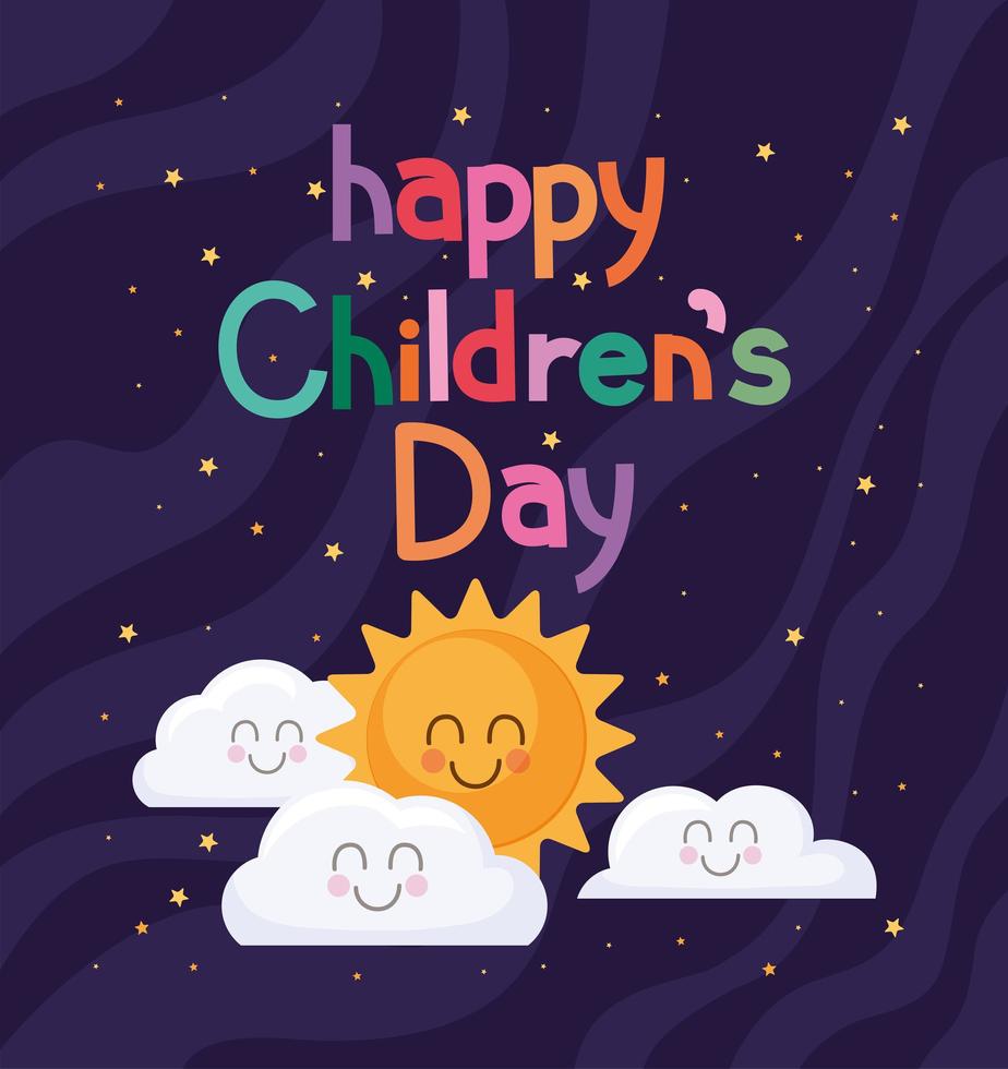 feliz día del niño con diseño de vector de sol y nubes