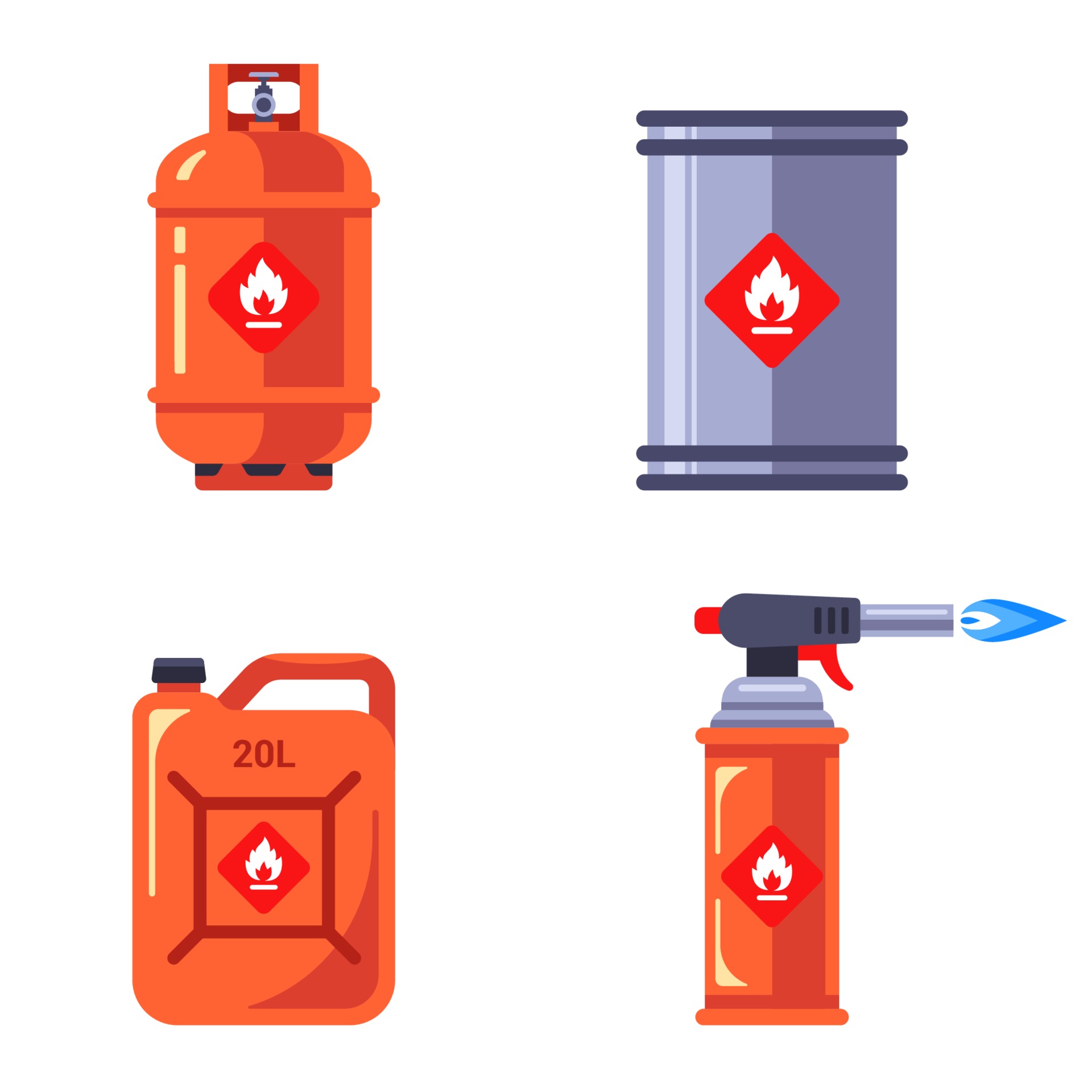 set of containers with flammable substances. storage of hazardous liquids in containers. flat