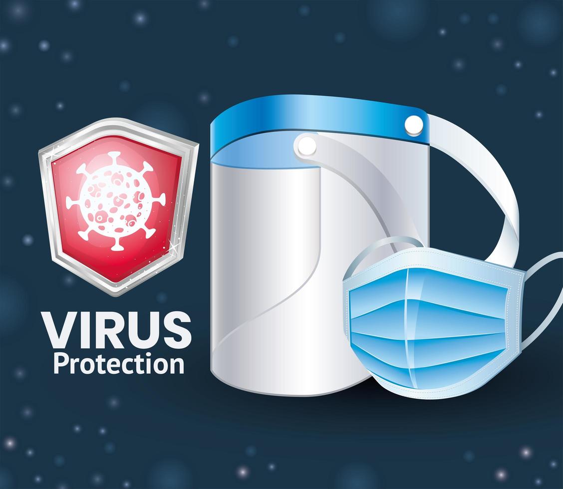 protección antivirus covid 19 con protector facial y mascarilla vector