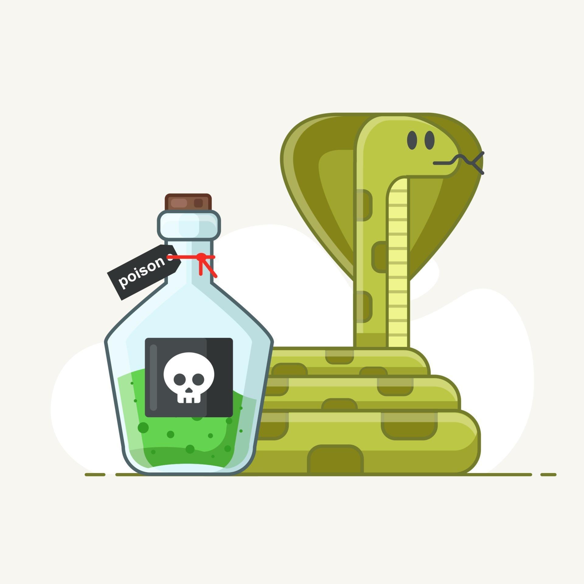 venomous snake on a white background. flask with green poison