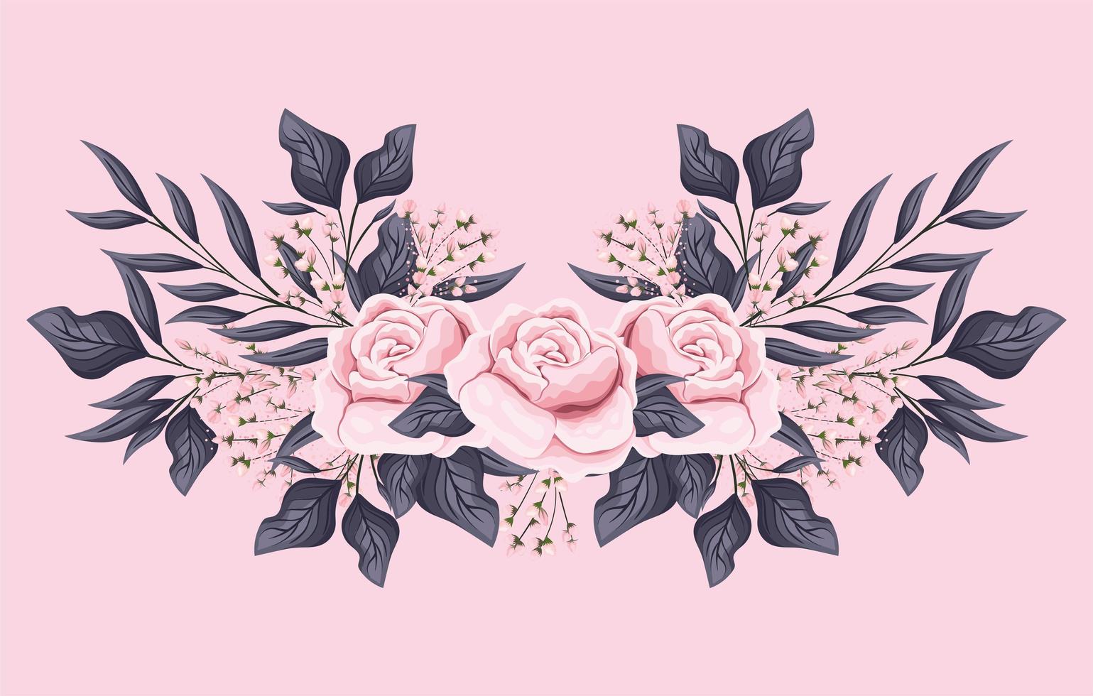 pink rose flowers with leaves painting vector design