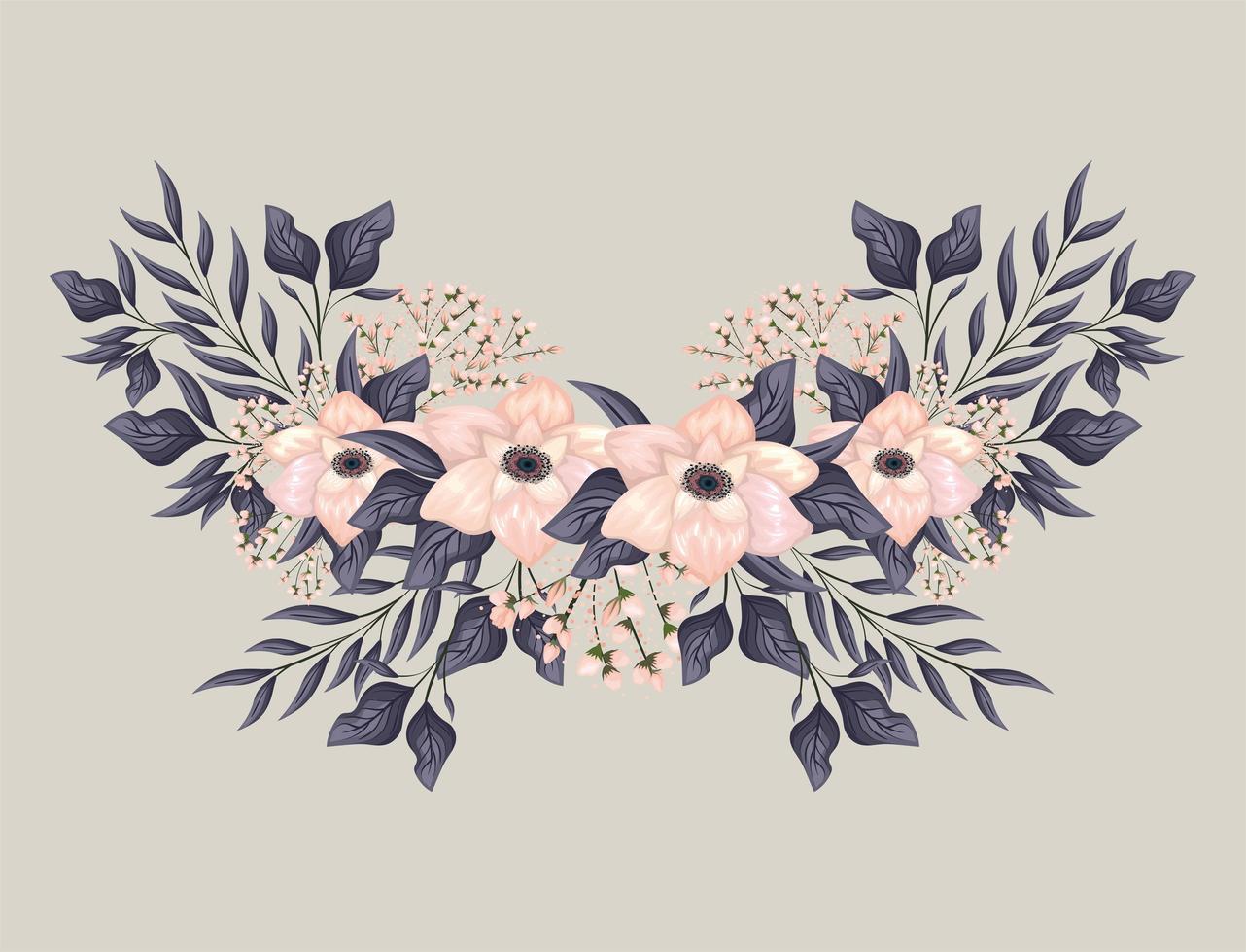 pink flowers with leaves painting vector design