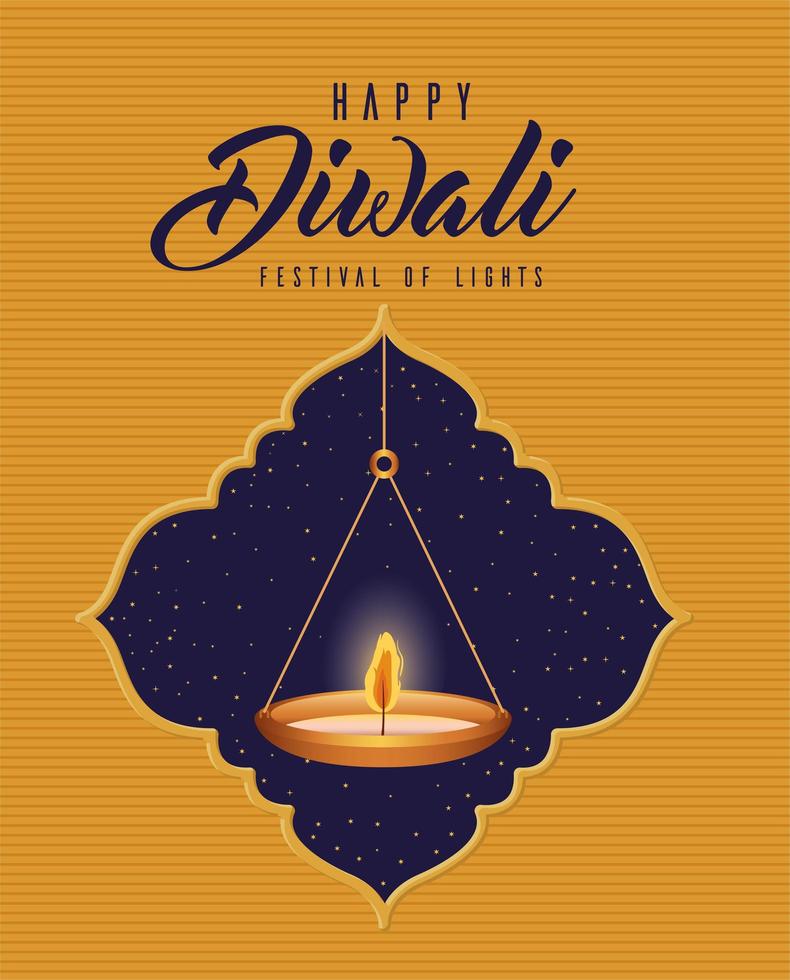 Feliz diwali vela colgante en la ventana sobre fondo marrón diseño vectorial vector