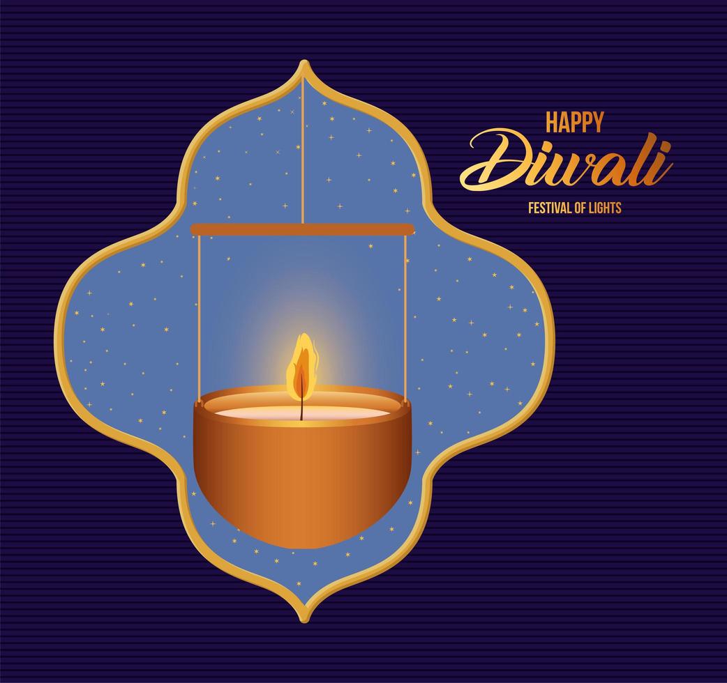 Happy diwali hanging candle in window on dark blue background vector design