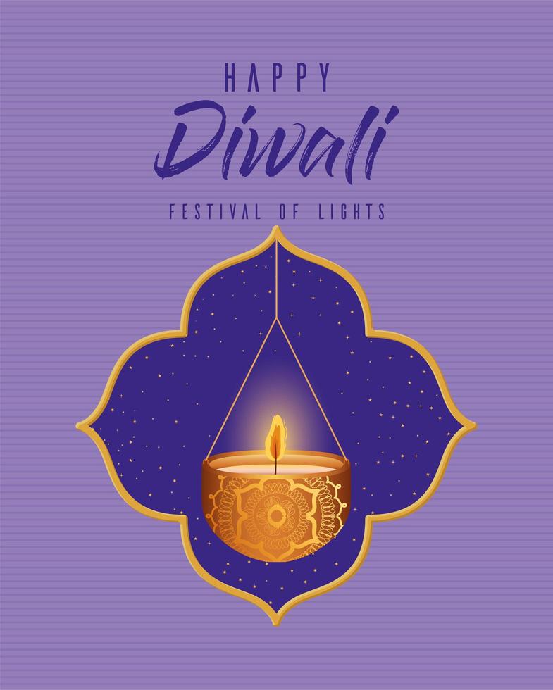 Feliz diwali vela colgante en la ventana sobre fondo púrpura diseño vectorial vector