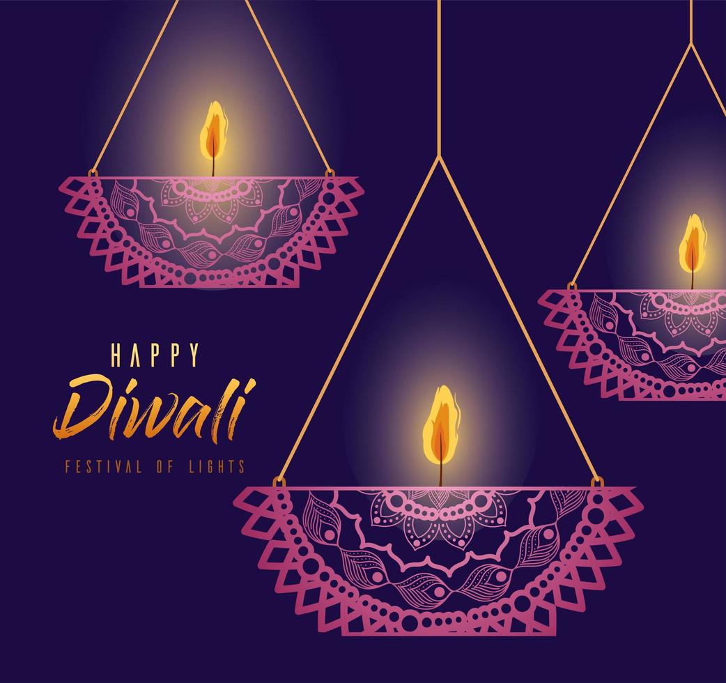 feliz diwali colgando mandalas velas sobre fondo púrpura diseño vectorial vector