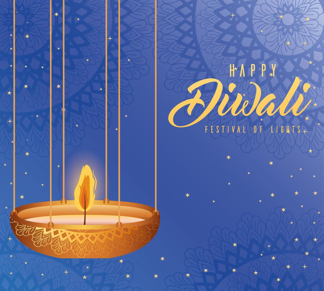 Happy diwali hanging candle on blue background vector design