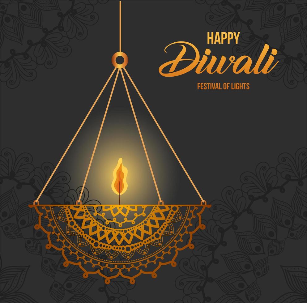 Happy diwali hanging mandala candle on gray background vector design