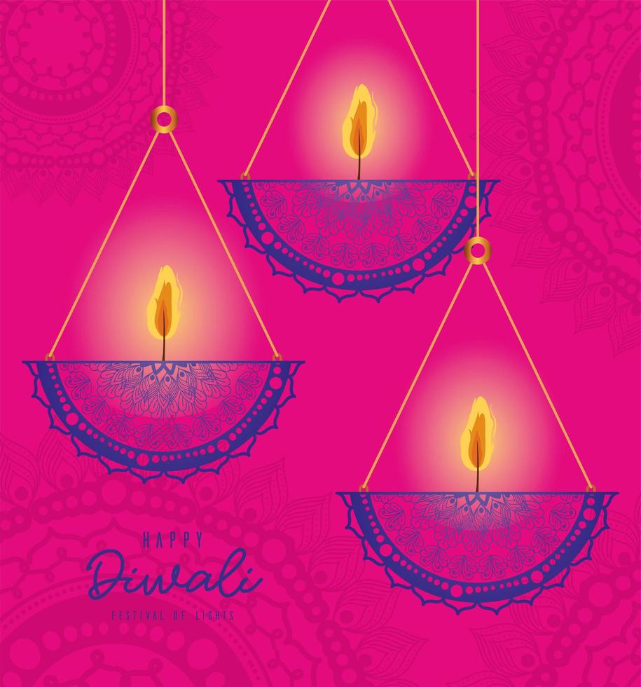 Happy diwali hanging mandalas candles on pink background vector design