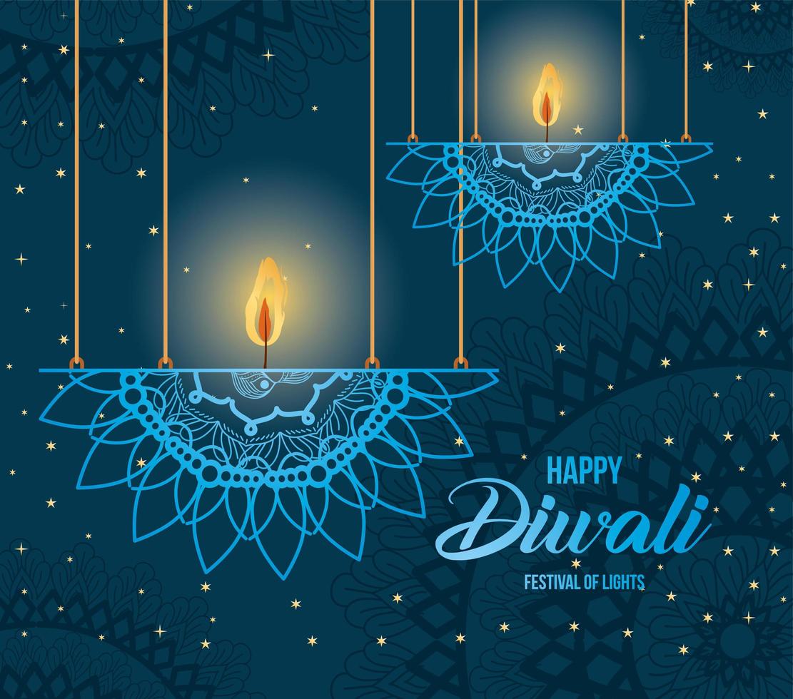 Happy diwali hanging mandalas candles on blue background vector design
