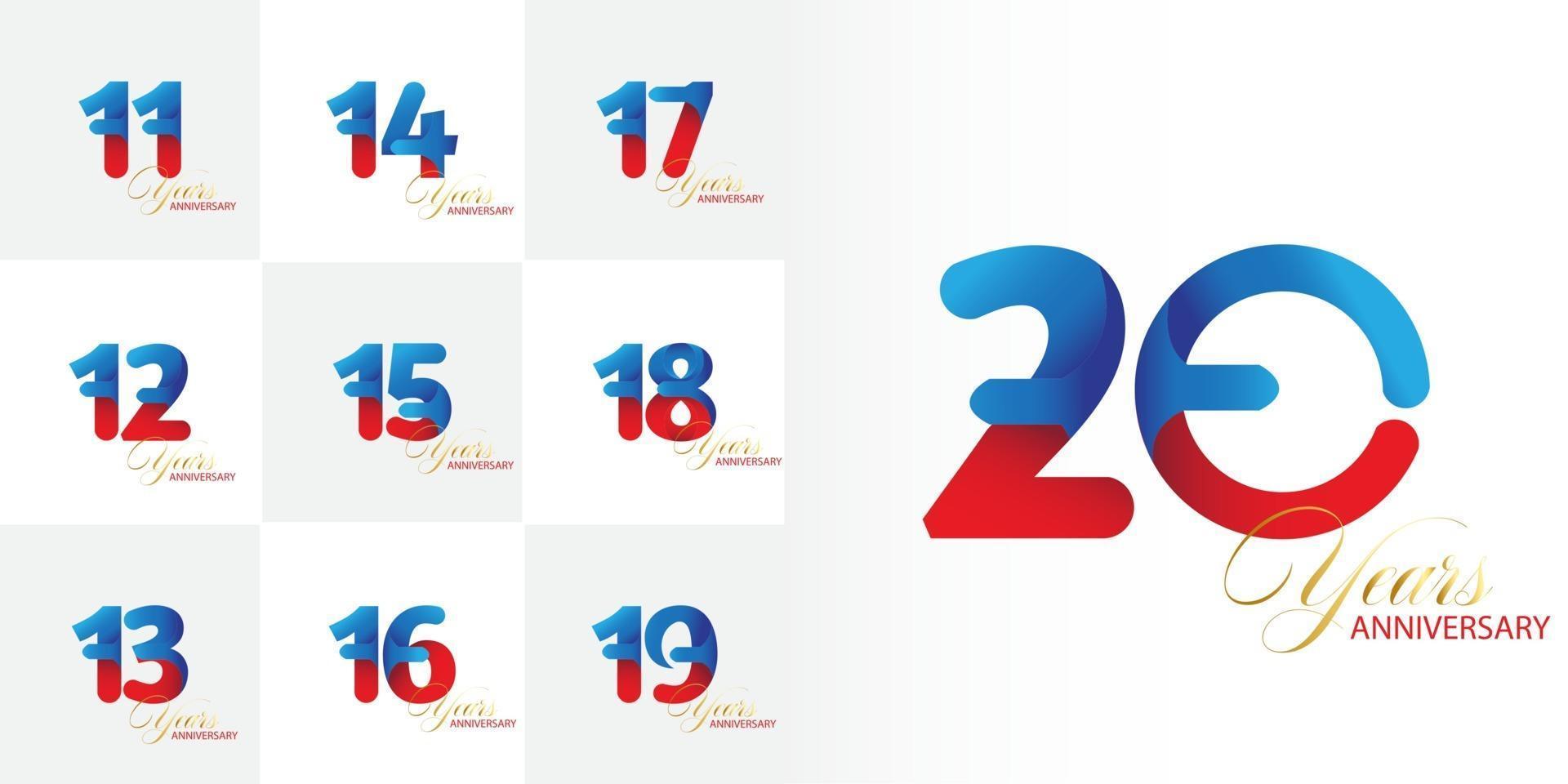 conjunto de números de celebración de aniversario de 11, 12, 13, 14, 15, 16, 17, 18, 19, 20 años vector