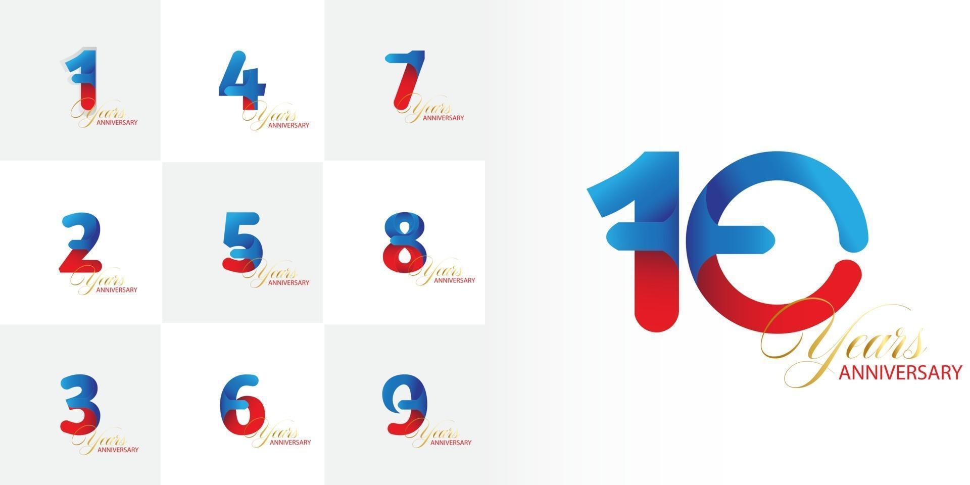 conjunto de celebración de número de aniversario de 1, 2, 3, 4, 5, 6, 7, 8, 9, 10 años vector