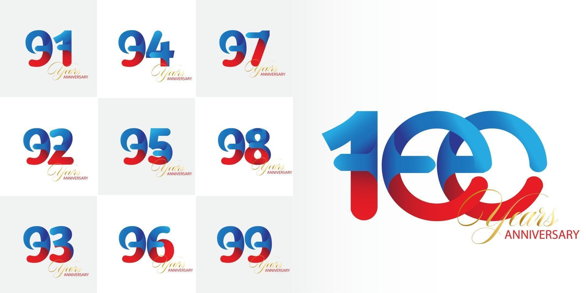 conjunto de 91, 92, 93, 94, 95, 96, 97, 98, 99, conjunto de números de aniversario de 100 años vector