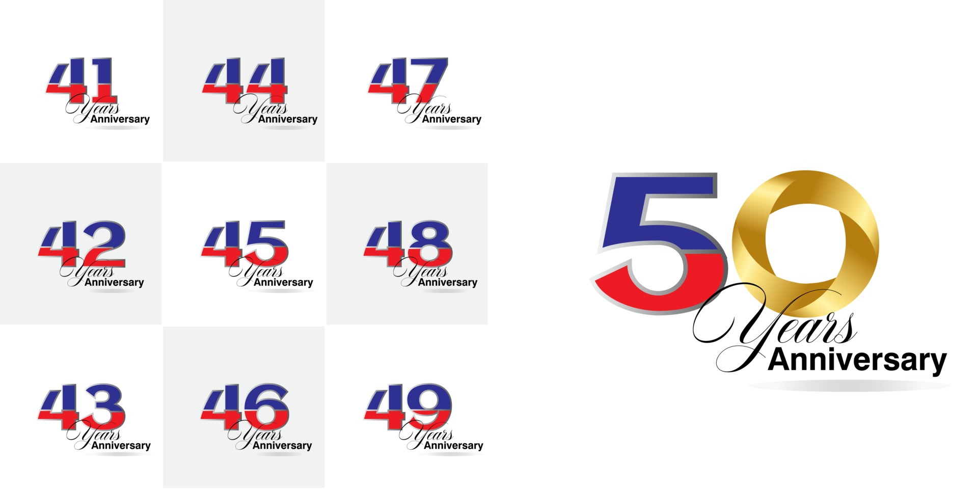set of 41, 42, 43, 44, 45, 46, 47, 48, 49, 50 Year Anniversary numbers set 2092553 Vector Art at