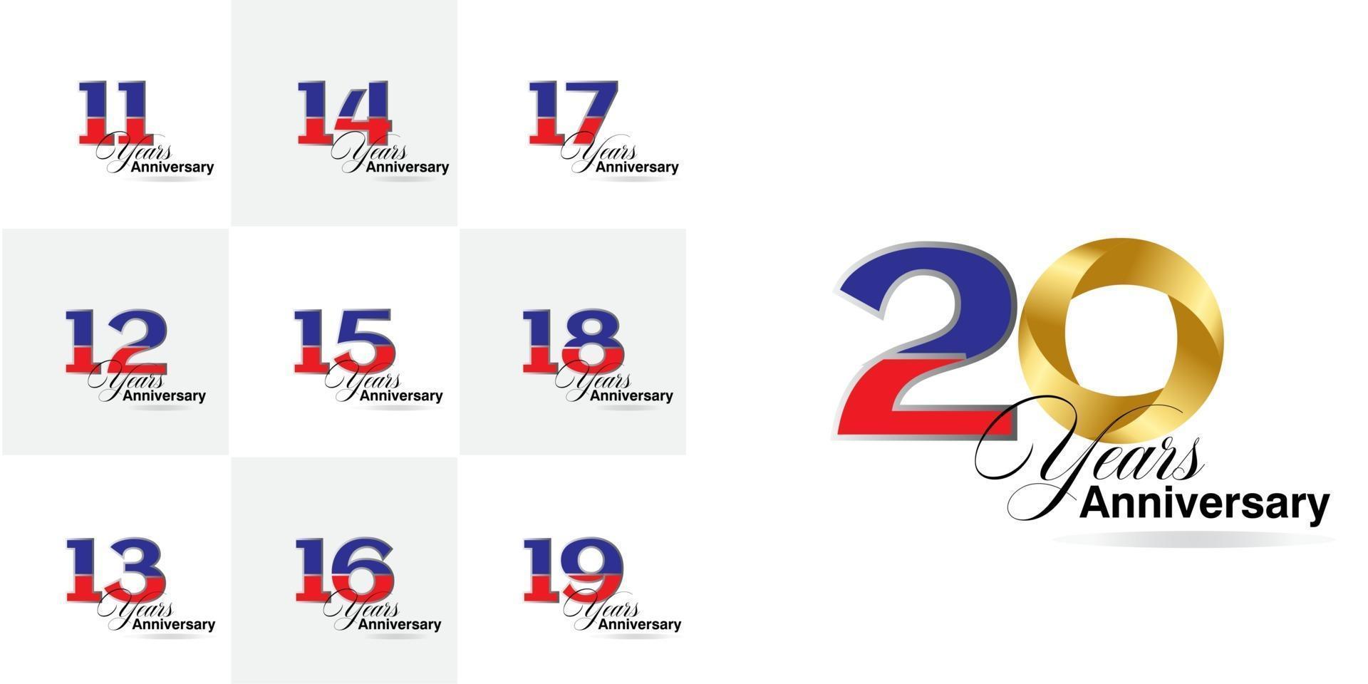 set of 11, 12, 13, 14, 15, 16, 16, 17, 18, 19, 20  Year Anniversary number set vector