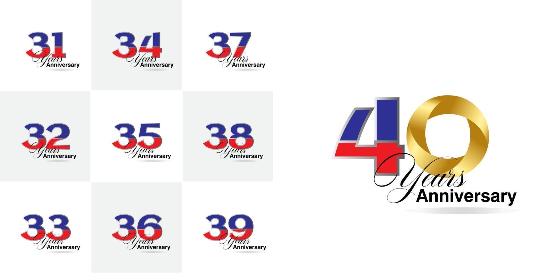 set 31, 32, 33, 34, 35, 36, 37, 38, 39, 40  Year Anniversary celebration numbers set vector