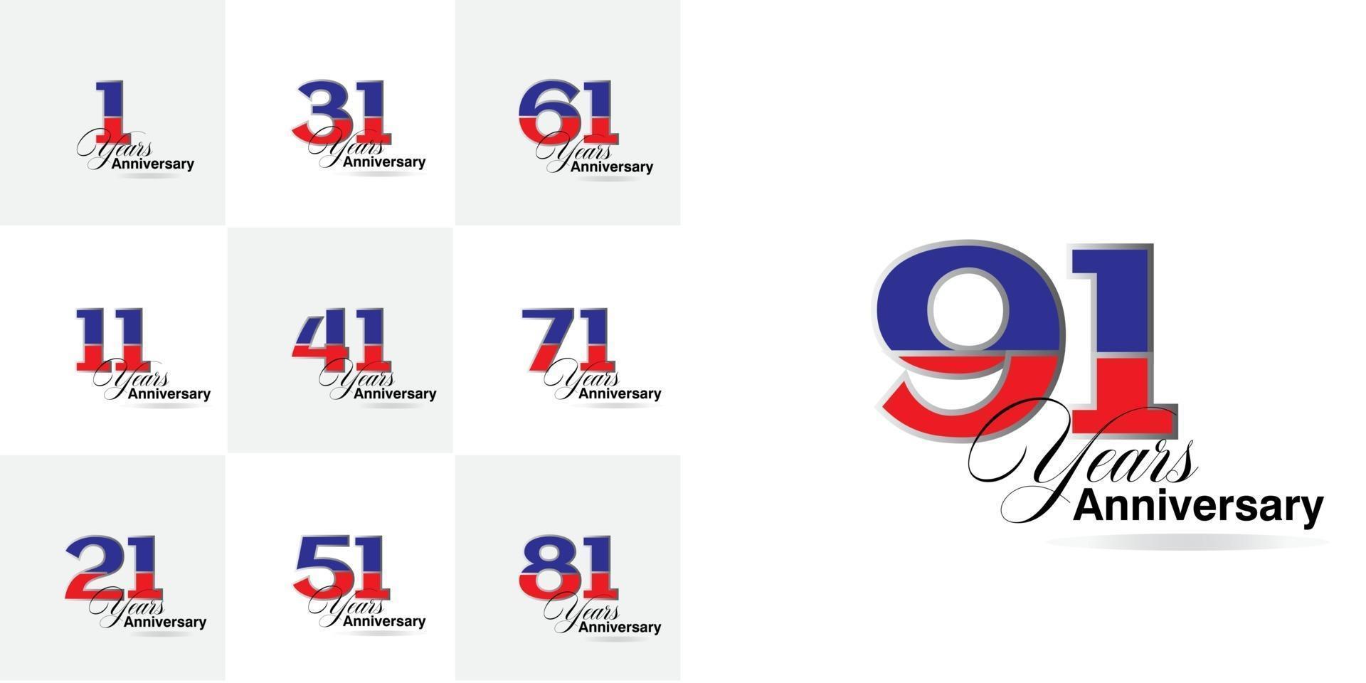 set 1, 11, 21, 31, 41, 51, 61, 71, 81, 91  Year Anniversary celebration numbers set vector