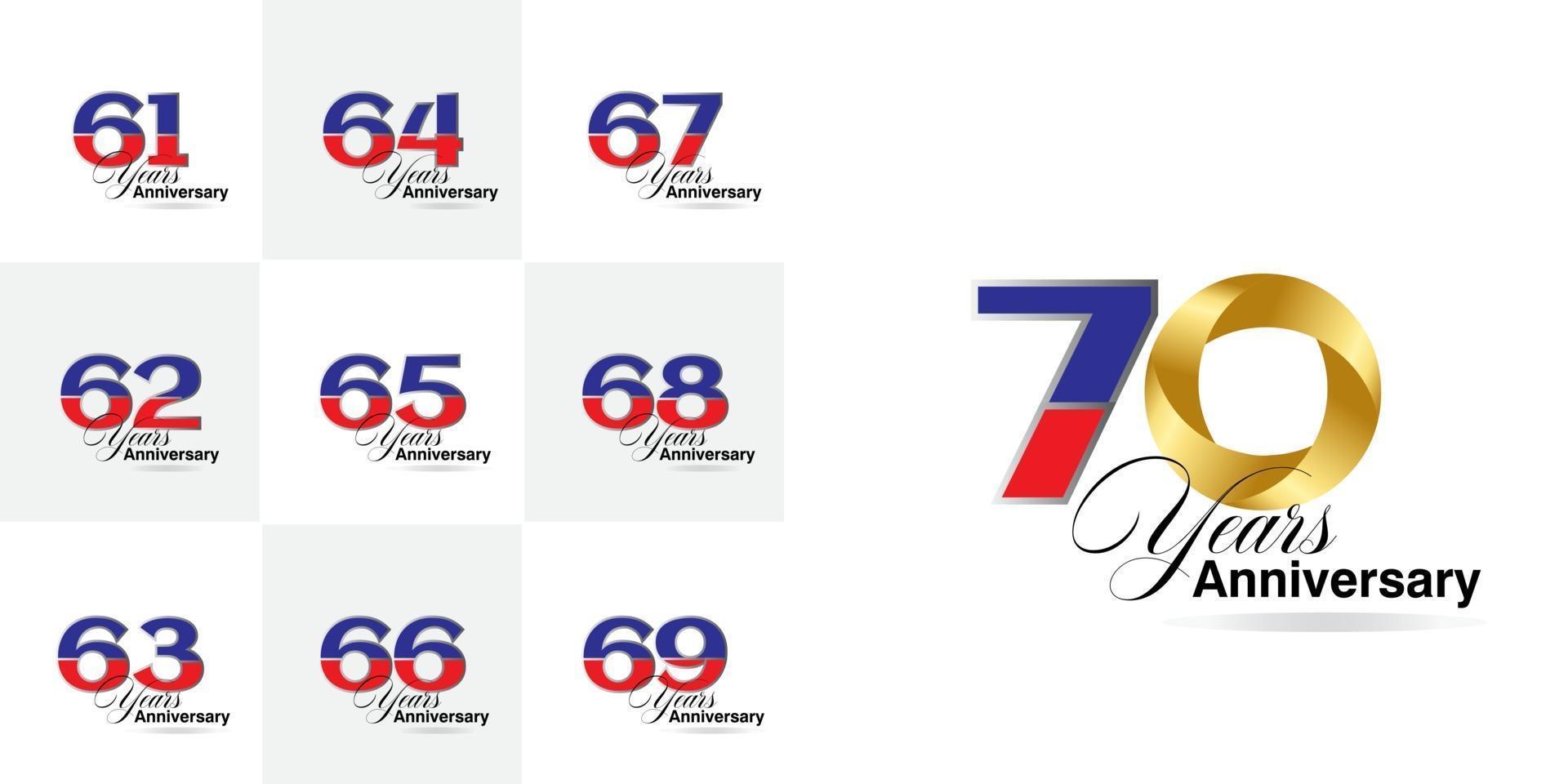 set 61, 62, 63, 64, 65, 66, 67, 68, 69, 70  Year Anniversary celebration numbers set vector