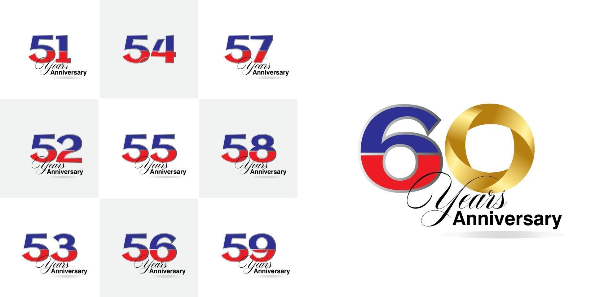 conjunto de números de celebración de aniversario de 51, 52, 53, 54, 55, 56, 57, 58, 59, 60 años vector