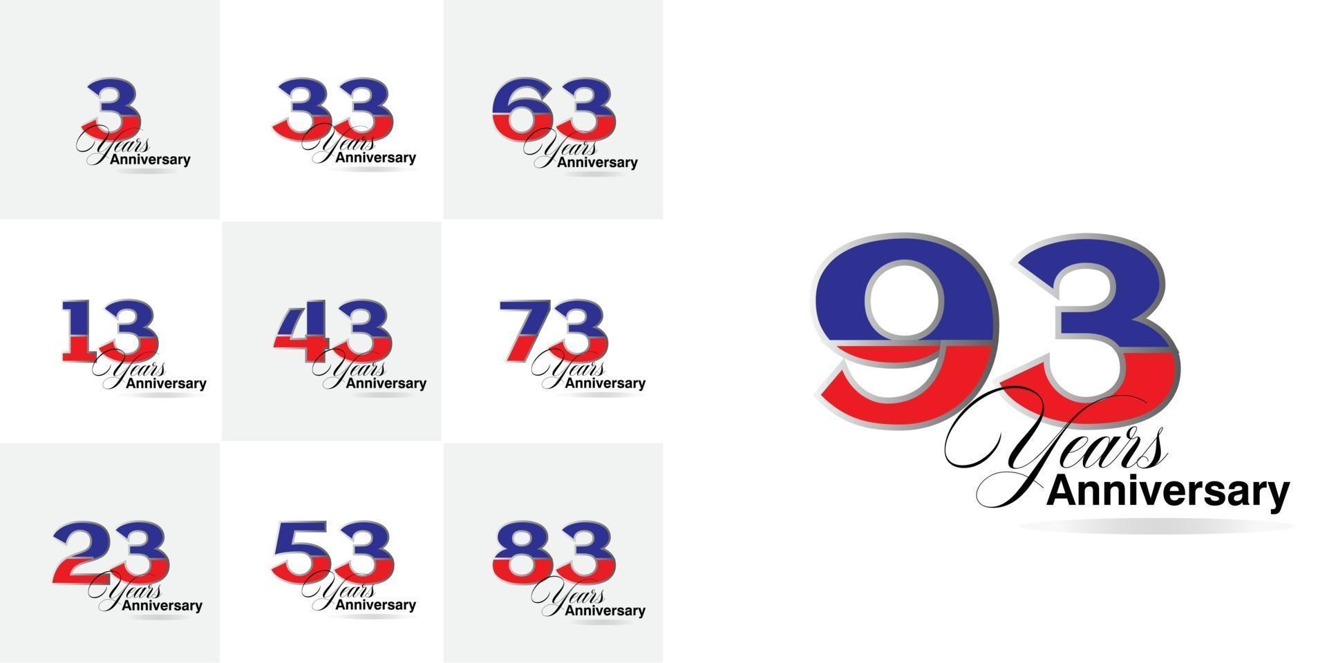 set 3, 13, 23, 33, 43, 53, 63, 73, 83, 93  Year Anniversary celebration number set vector