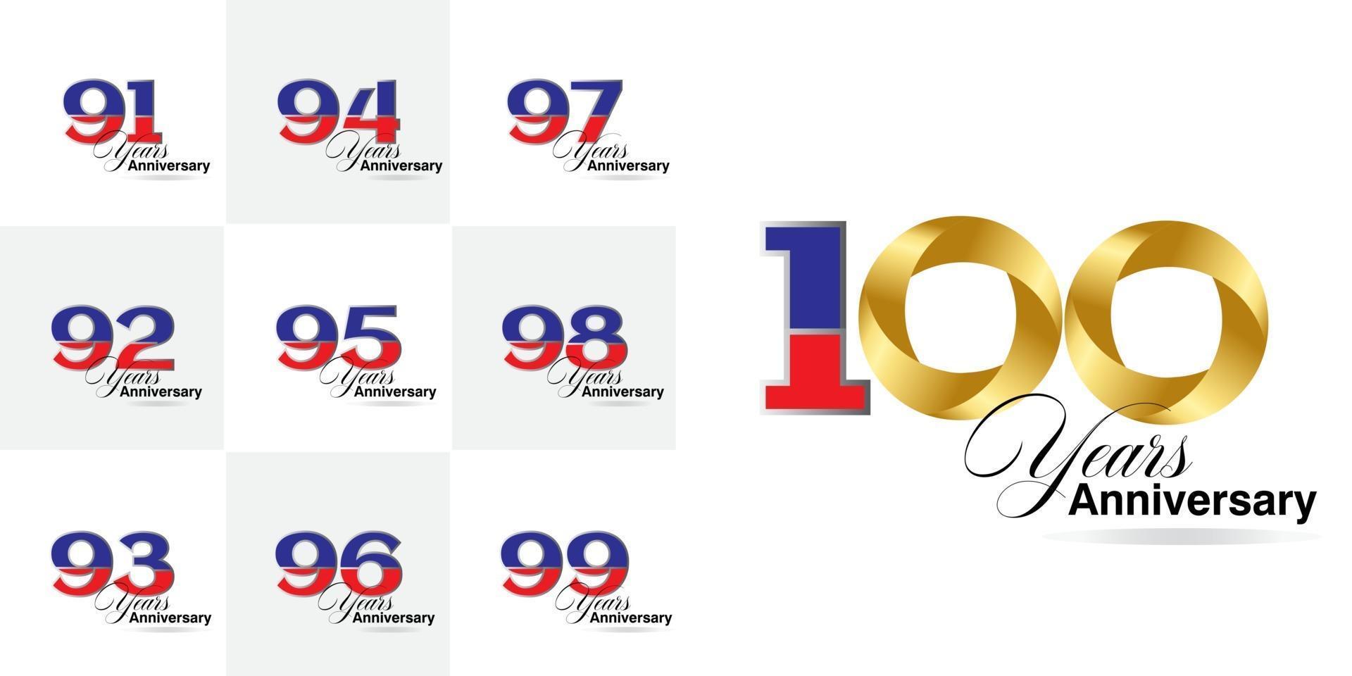 set 91, 92, 93, 94, 95, 96, 97, 98, 99, 100  Year Anniversary celebration numbers set vector