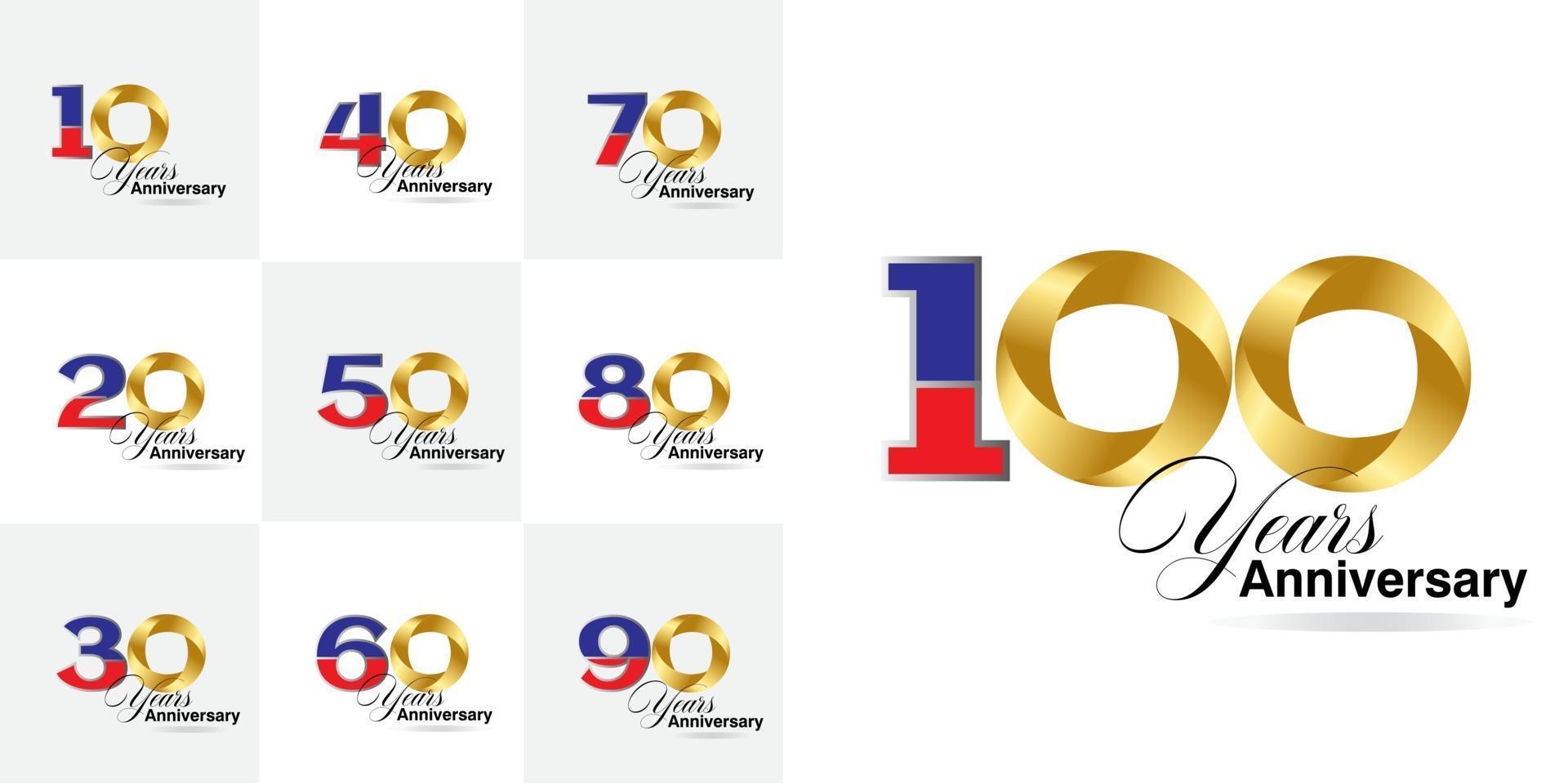 conjunto de números de celebración de aniversario de 10, 20, 30, 40, 50, 60, 70, 80, 90 años vector