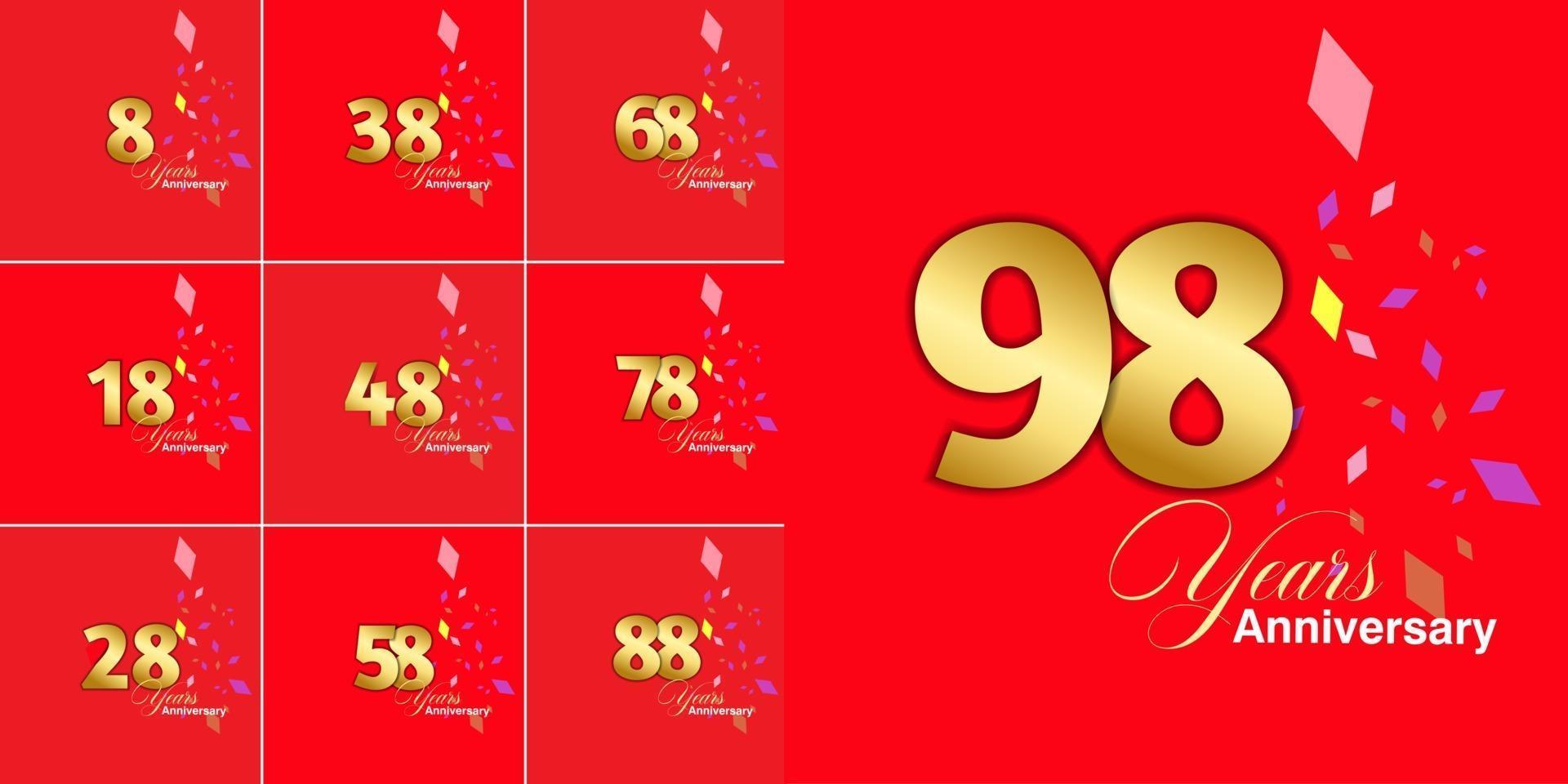 set 8, 18, 28, 38, 48, 58, 68, 78, 88, 98  Year Anniversary celebration numbers set vector