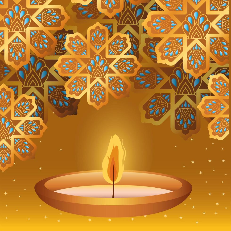 Happy diwali candle and gold flowers on yellow background vector design