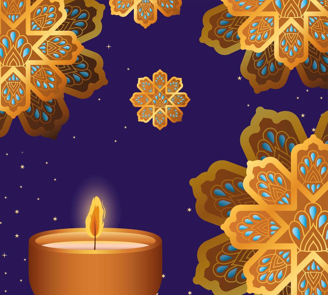 Happy diwali candle and gold flowers on blue background vector design