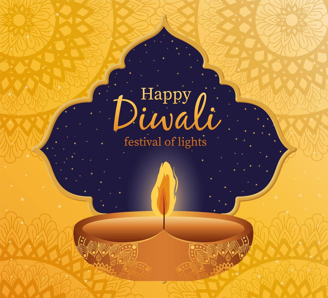 Happy diwali candle on a mandala background vector design