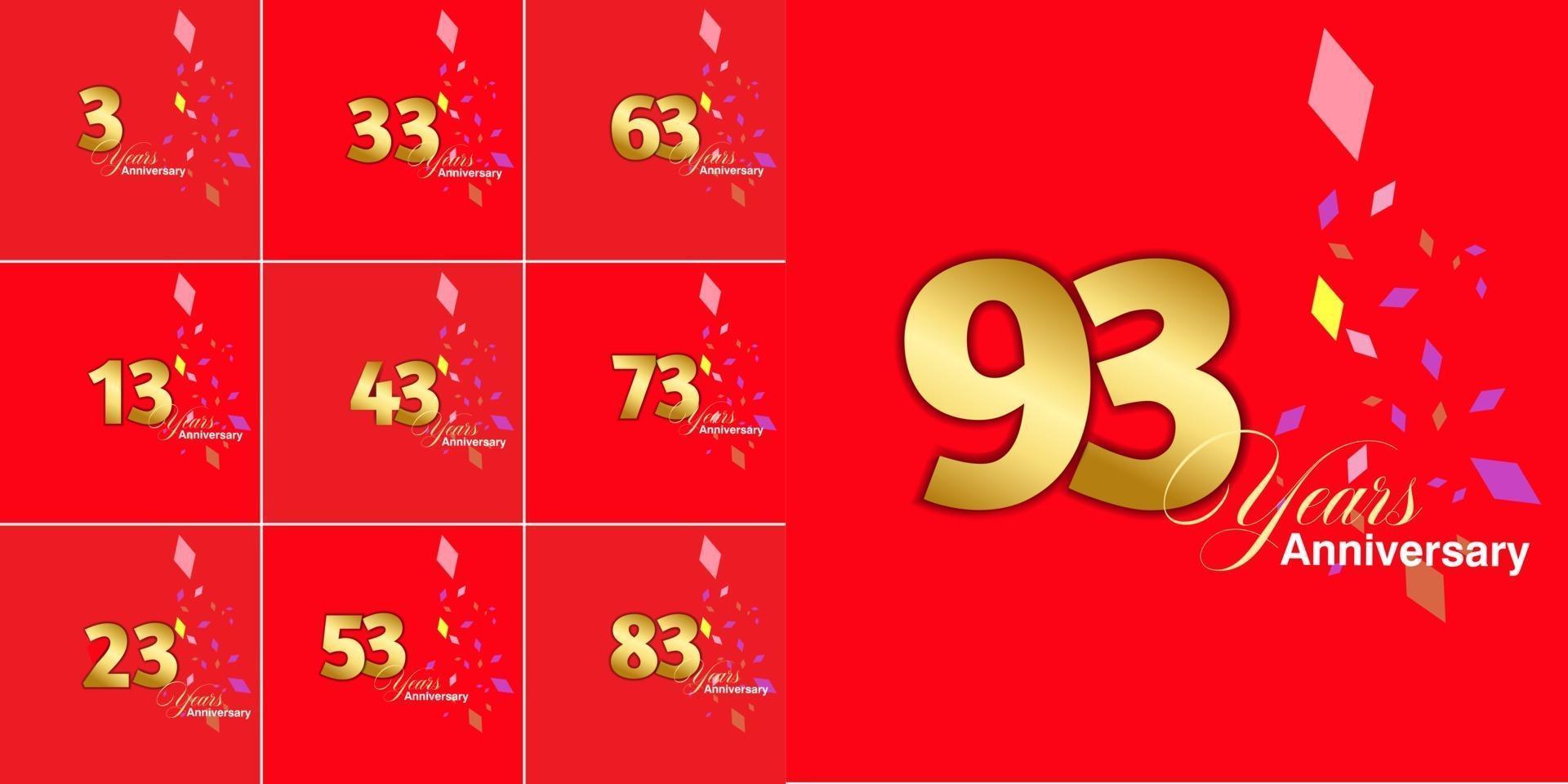 set 3, 13, 23, 33, 43, 53, 63, 73, 83, 93  Year Anniversary celebration numbers set vector