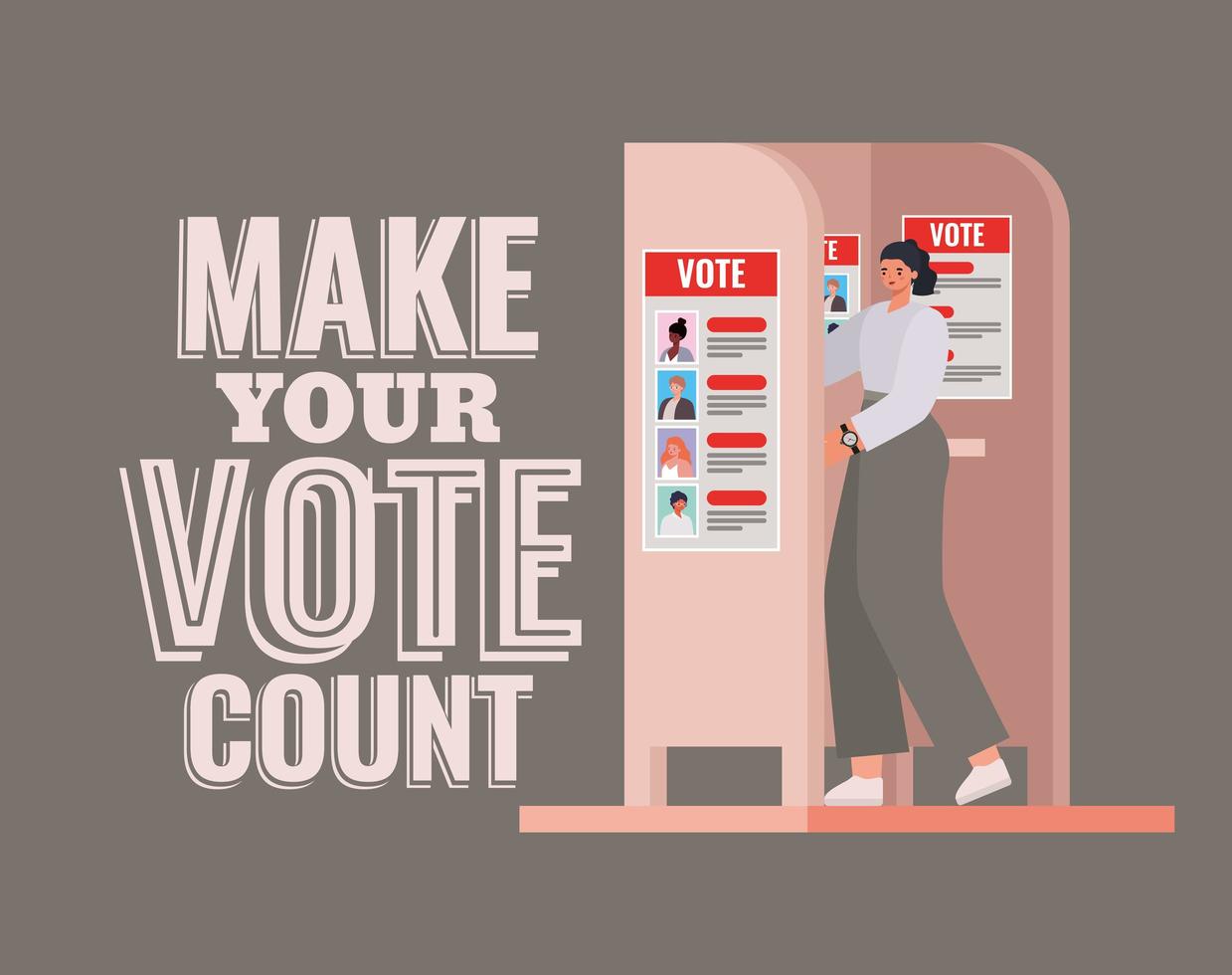 woman at voting booth with make your vote count text vector design