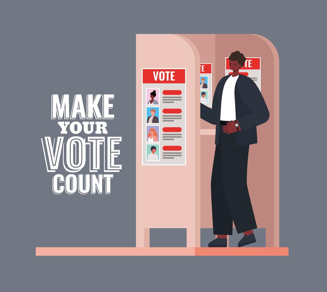 Afro man at voting booth with make your vote count text vector design