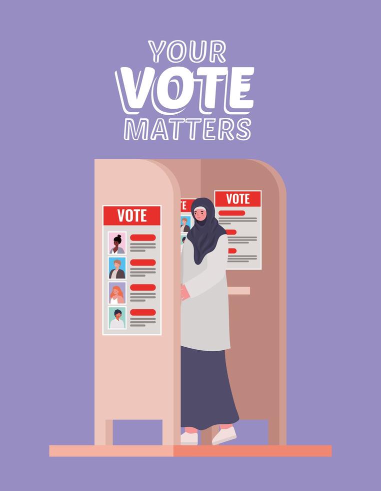 muslim woman at voting booth with your vote matters text vector design